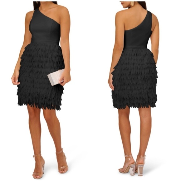NWT Adrianna Papell Black Chiffon Feather Cocktail Dress One Shoulder Sz 6 - Picture 1 of 14